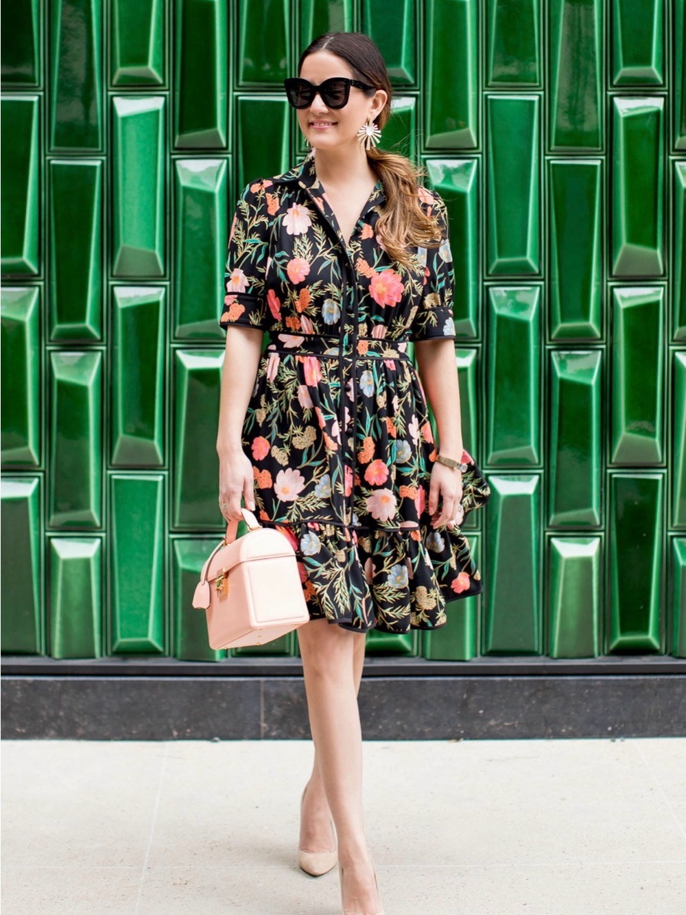 Vintage kate spade Black Floral Tie-Waist Mini Dress